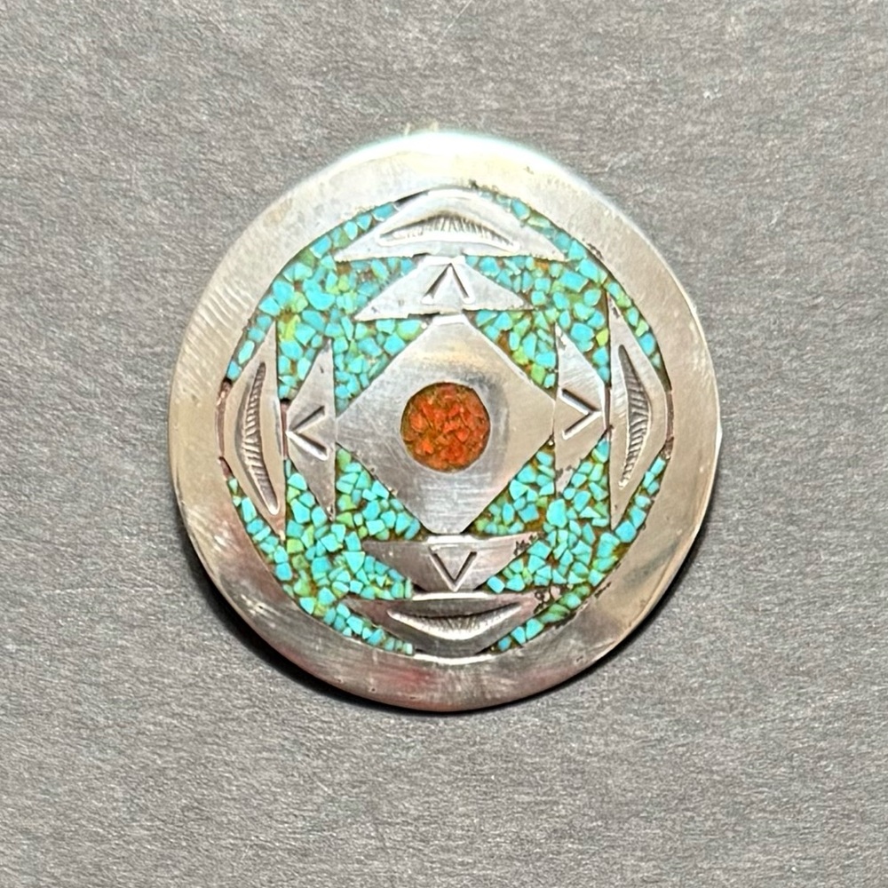 Vintage Native American silver coral and turquoise  pen / pendant